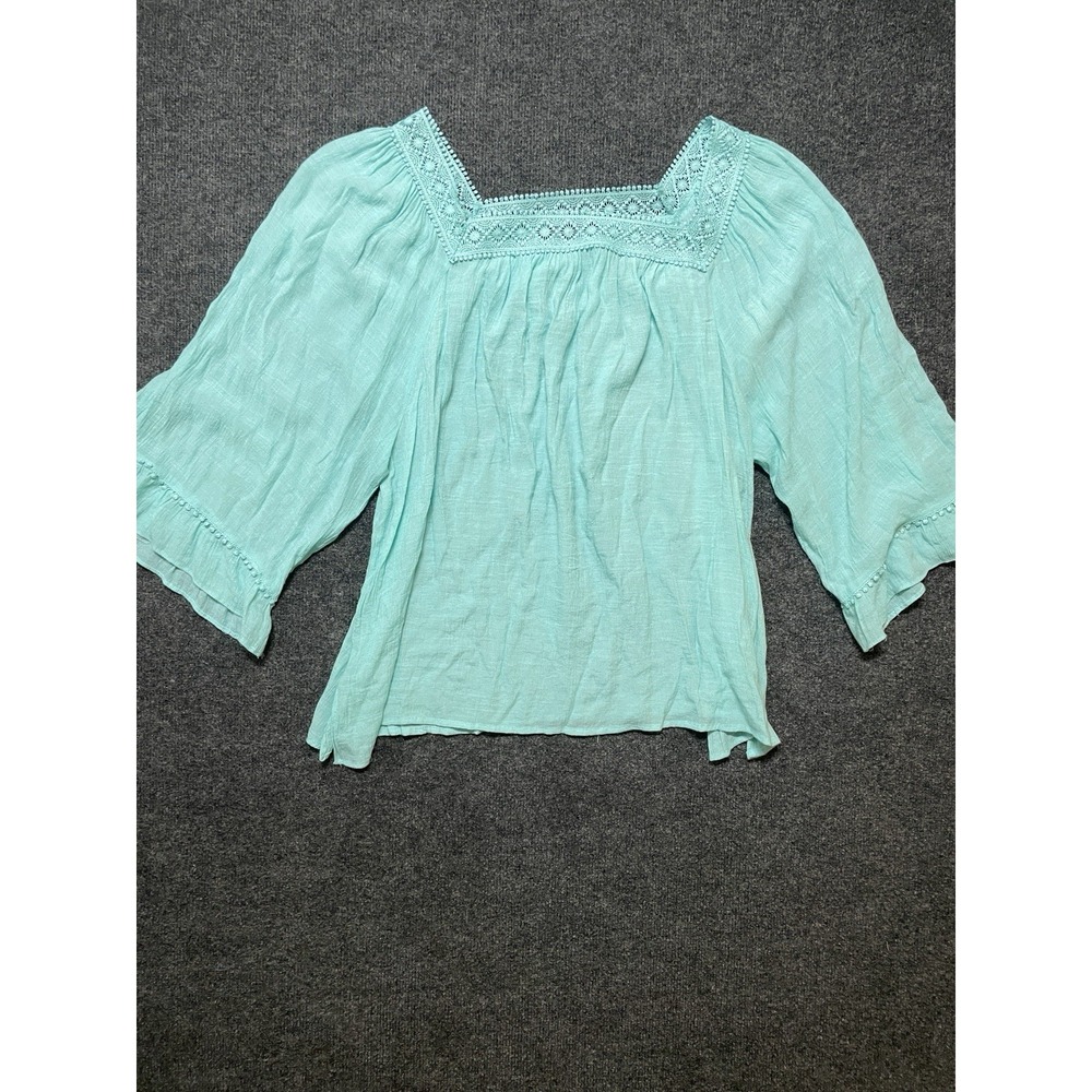 Zac & Rachel Woman Top 3X Peasant Milkmaid Blue Crochet Flare Sleeve Boho Fairy